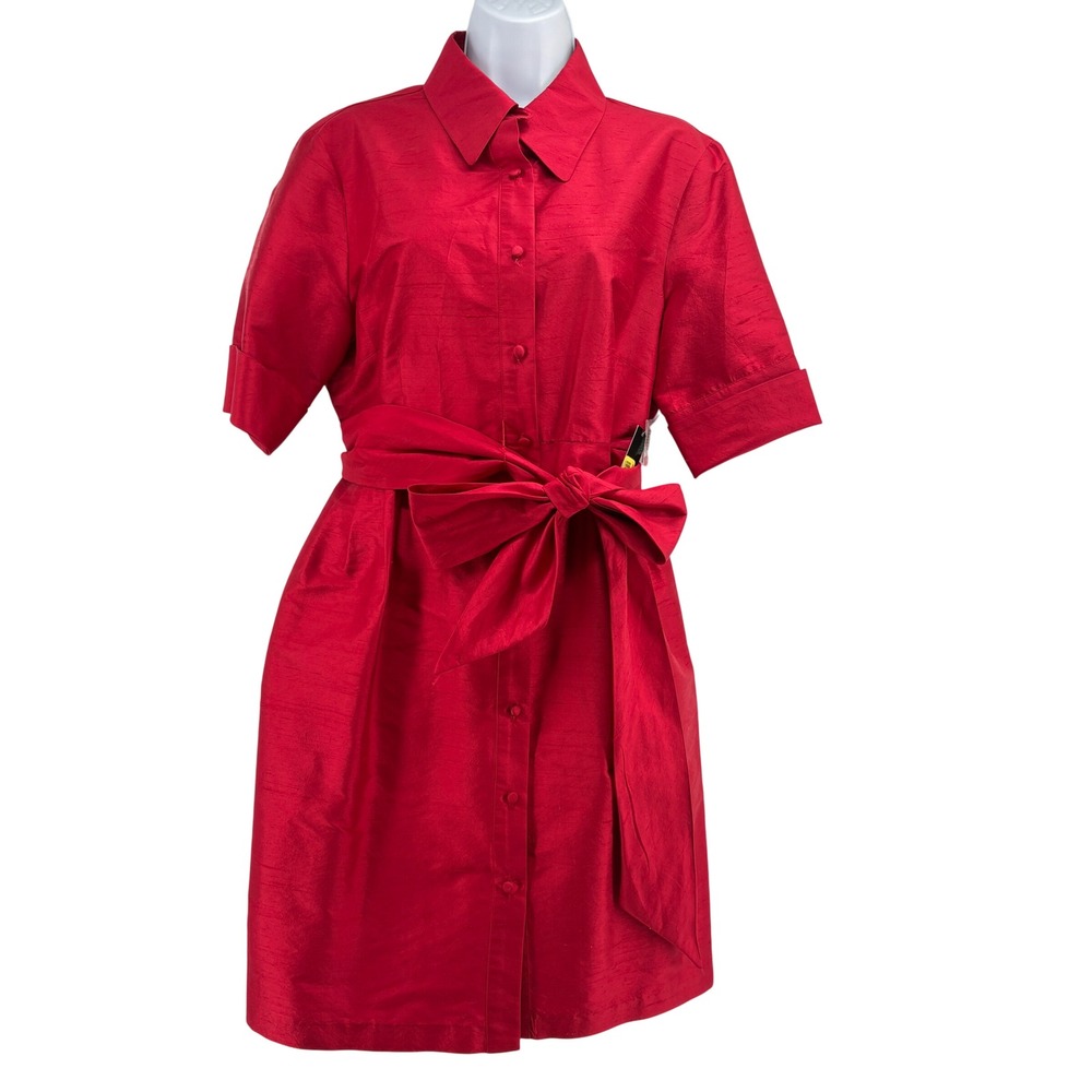 Tahari Arthur S.‎ Levine Red 100% Silk Shirt Dress 14P Short Sleeve Belted NWT